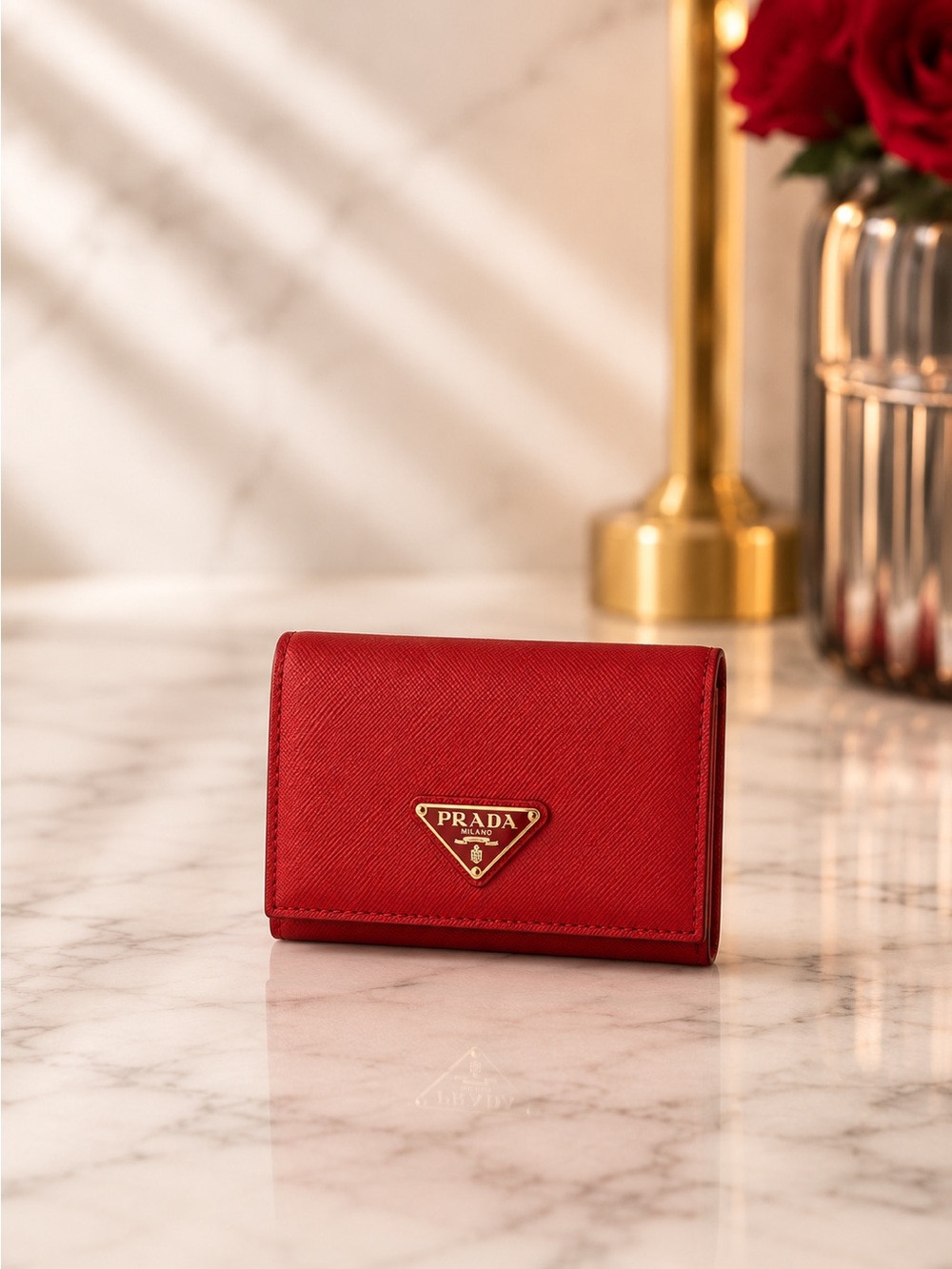 Prada Saffiano Leather Card Holder Wallet | Red & Black | With Box